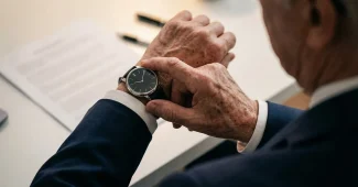 Bureau en journée avec fiches de paie, classeur et mains vérifiant des documents